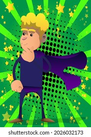 Funny cartoon man dressed as a superhero holding finger under his mouth. Vector illustration.