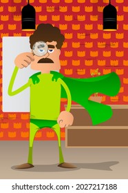 Funny cartoon man dressed as a superhero holding a magnifying glass. Vector illustration.