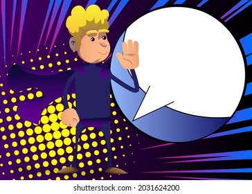 Funny cartoon man dressed as a superhero with waving hand. Vector illustration.