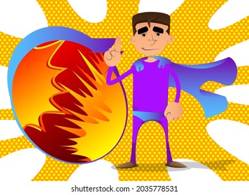 Funny cartoon man dressed as a superhero making a point. Vector illustration.