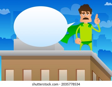 Funny cartoon man dressed as a superhero making a point. Vector illustration.