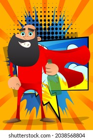 Funny cartoon man dressed as a superhero holding a bottle. Vector illustration.