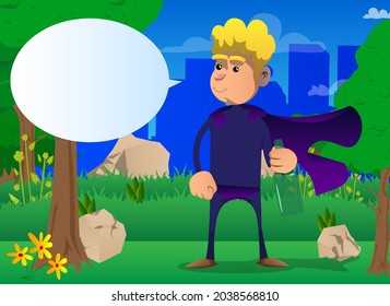 Funny cartoon man dressed as a superhero holding a bottle. Vector illustration.