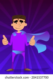 Funny cartoon man dressed as a superhero making thumbs up sign with two hands. Vector illustration.