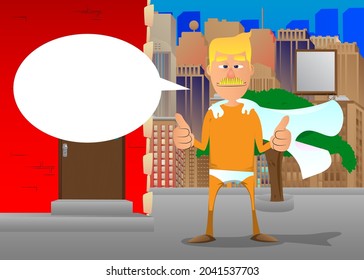 Funny cartoon man dressed as a superhero making thumbs up sign with two hands. Vector illustration.