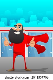 Funny cartoon man dressed as a superhero making thumbs up sign with two hands. Vector illustration.