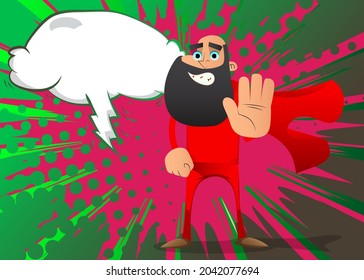 Funny cartoon man dressed as a superhero showing deny or refuse hand gesture. Vector illustration.