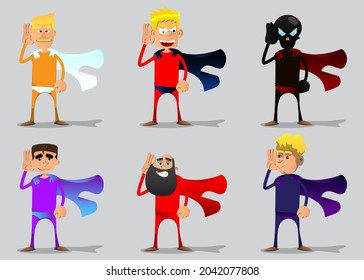 Funny cartoon man dressed as a superhero holds hand at his ear, listening. Vector illustration.