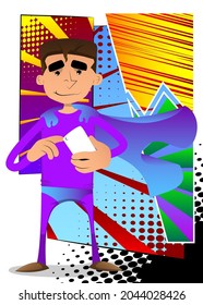 Funny cartoon man dressed as a superhero using a mobile phone. Vector illustration.