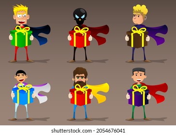 Funny cartoon man dressed as a superhero holding big gift box. Vector illustration.