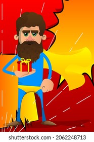 Funny cartoon man dressed as a superhero holding small gift box. Vector illustration.
