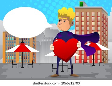 Funny cartoon man dressed as a superhero hugging big red heart. Vector illustration.