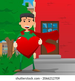 Funny cartoon man dressed as a superhero hugging big red heart. Vector illustration.