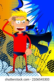 Funny cartoon man dressed as a superhero confused, scratching his head. Vector illustration.