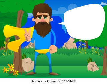 Funny cartoon man dressed as a superhero showing the V sign, peace hand gesture. Vector illustration.