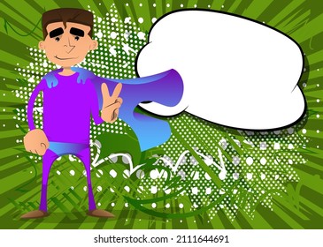 Funny cartoon man dressed as a superhero showing the V sign, peace hand gesture. Vector illustration.