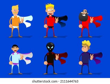 Funny cartoon man dressed as a superhero showing the V sign, peace hand gesture. Vector illustration.