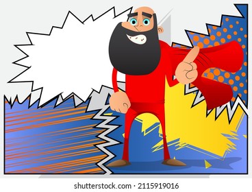 Funny cartoon man dressed as a superhero saying no with his finger. Vector illustration.