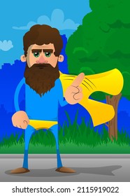 Funny cartoon man dressed as a superhero saying no with his finger. Vector illustration.