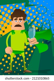 Funny cartoon man dressed as a superhero with a glass of water. Vector illustration.