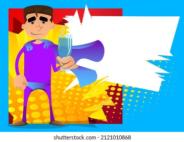Funny cartoon man dressed as a superhero with a glass of water. Vector illustration.