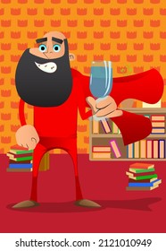 Funny cartoon man dressed as a superhero with a glass of water. Vector illustration.