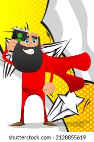 Funny cartoon man dressed as a superhero talking on cell phone. Vector illustration. Mobile Communication Concept.