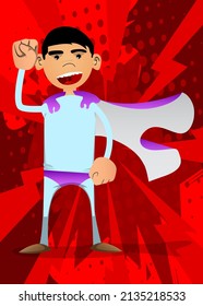 Funny cartoon man dressed as a superhero making power to the people fist gesture. Vector illustration.