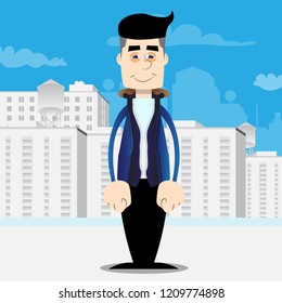 Funny cartoon man dressed for winter standing. Vector illustration.