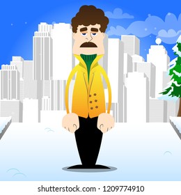 Funny cartoon man dressed for winter standing. Vector illustration.