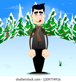 Funny cartoon man dressed for winter standing. Vector illustration.