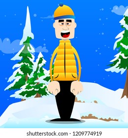 Funny cartoon man dressed for winter standing. Vector illustration.