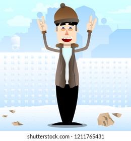 Funny cartoon man dressed for winter with hands in rocker pose. Vector illustration.