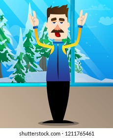 Funny cartoon man dressed for winter with hands in rocker pose. Vector illustration.