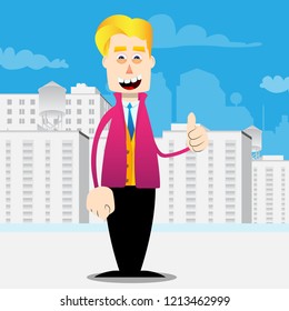 Funny cartoon man dressed for winter making thumbs up sign. Vector illustration.