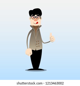 Funny cartoon man dressed for winter making thumbs up sign. Vector illustration.