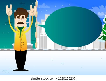 Funny Cartoon Mann gekleidet für den Winter mit Händen in Rocker Pose. Vektorgrafik.