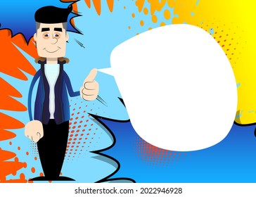 Un gracioso caricaturista vestido para el invierno haciendo pulgares hacia arriba. Ilustración vectorial.