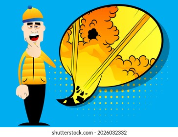 Un gracioso caricaturista vestido para el invierno con el dedo bajo la boca. Ilustración vectorial.