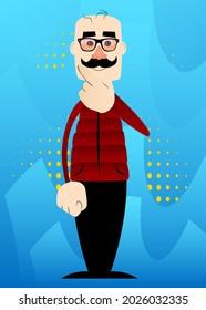 Funny cartoon man dressed for winter holding finger under his mouth. Vector illustration.