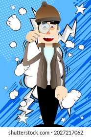 Funny cartoon man dressed for winter holding a magnifying glass. Vector illustration.