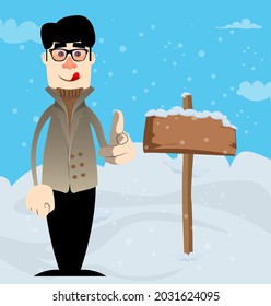 Funny cartoon man dressed for winter pointing at the viewer with his hand. Vector illustration.