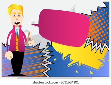 Un gracioso caricaturista vestido para el invierno apuntando al espectador con la mano. Ilustración vectorial.