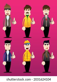 Funny cartoon man dressed for winter pointing at the viewer with his hand. Vector illustration.
