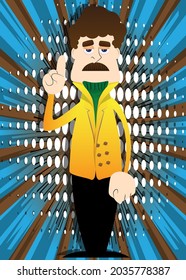Funny cartoon man dressed for winter making a point. Vector illustration.