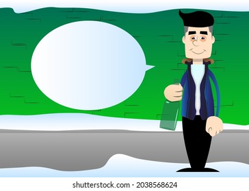 Funny cartoon man dressed for winter holding a bottle. Vector illustration.