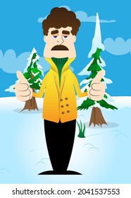 Funny cartoon man dressed for winter making thumbs up sign with two hands. Vector illustration.