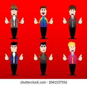 Funny cartoon man dressed for winter making thumbs up sign with two hands. Vector illustration.