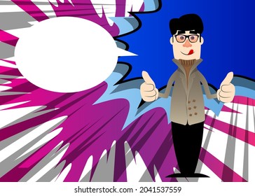 Funny cartoon man dressed for winter making thumbs up sign with two hands. Vector illustration.