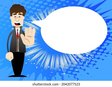 Funny cartoon man dressed for winter showing deny or refuse hand gesture. Vector illustration.